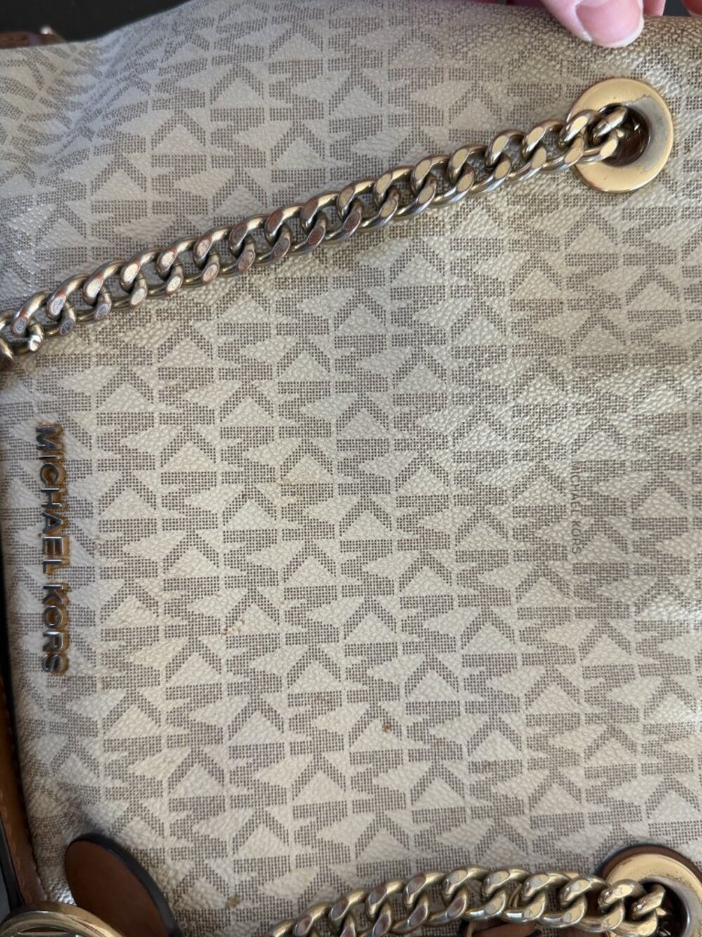Michael Kors Jet Set Travel MK Monogram Chain Tote Shoulder Bag Vanilla Brown - Picture 4 of 16